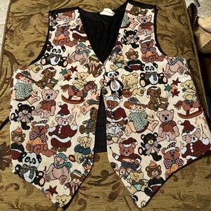 Tapestry Christmas Bears Vest w\ Nylon Back Button Front Gently Used Size Med